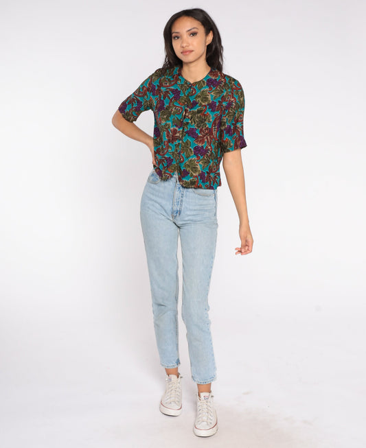 90s Paisley Grape Vine Button-Up Blouse Short Sleeve Purple Small
