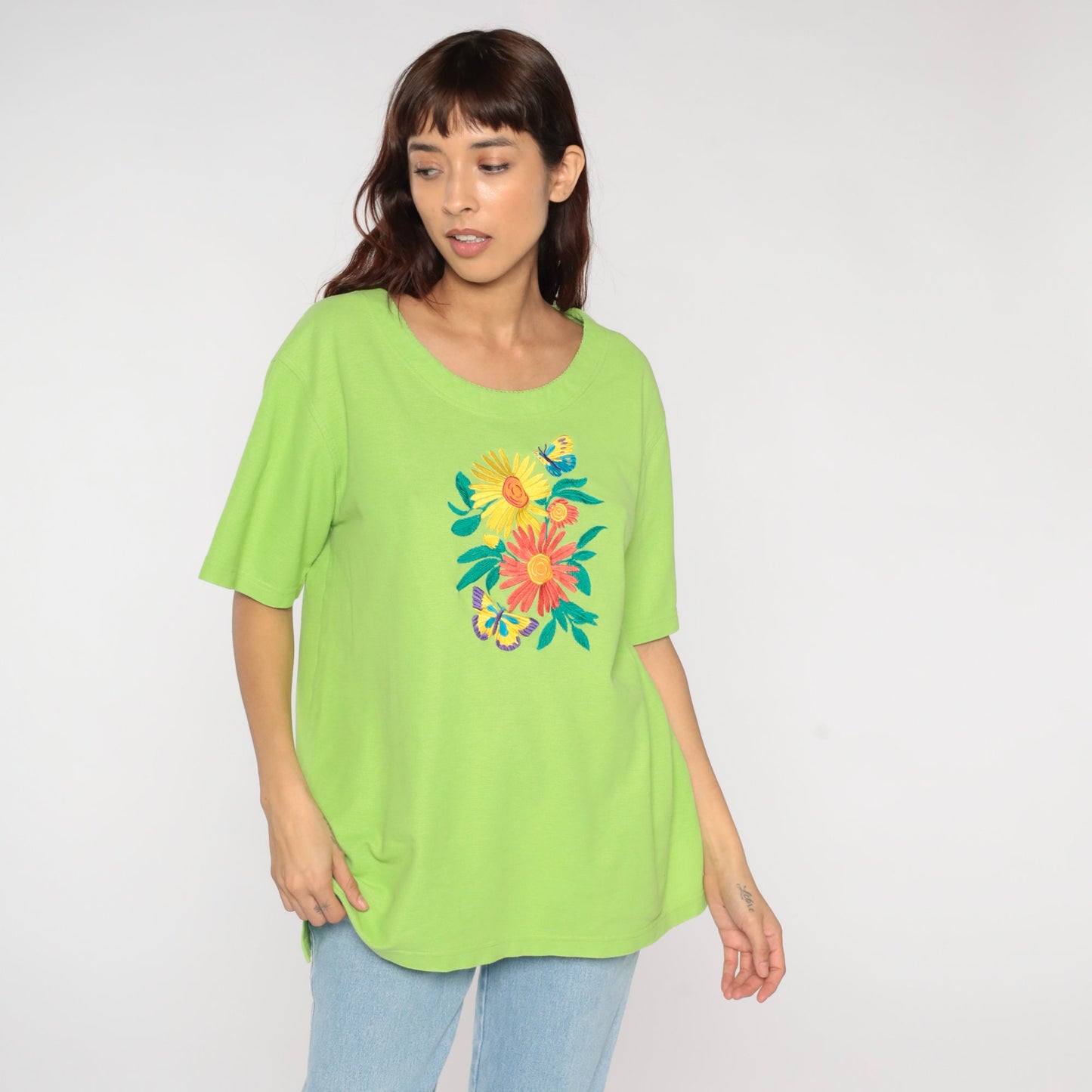 90s Lime Green Embroidered Butterfly Floral Woven Shirt Large