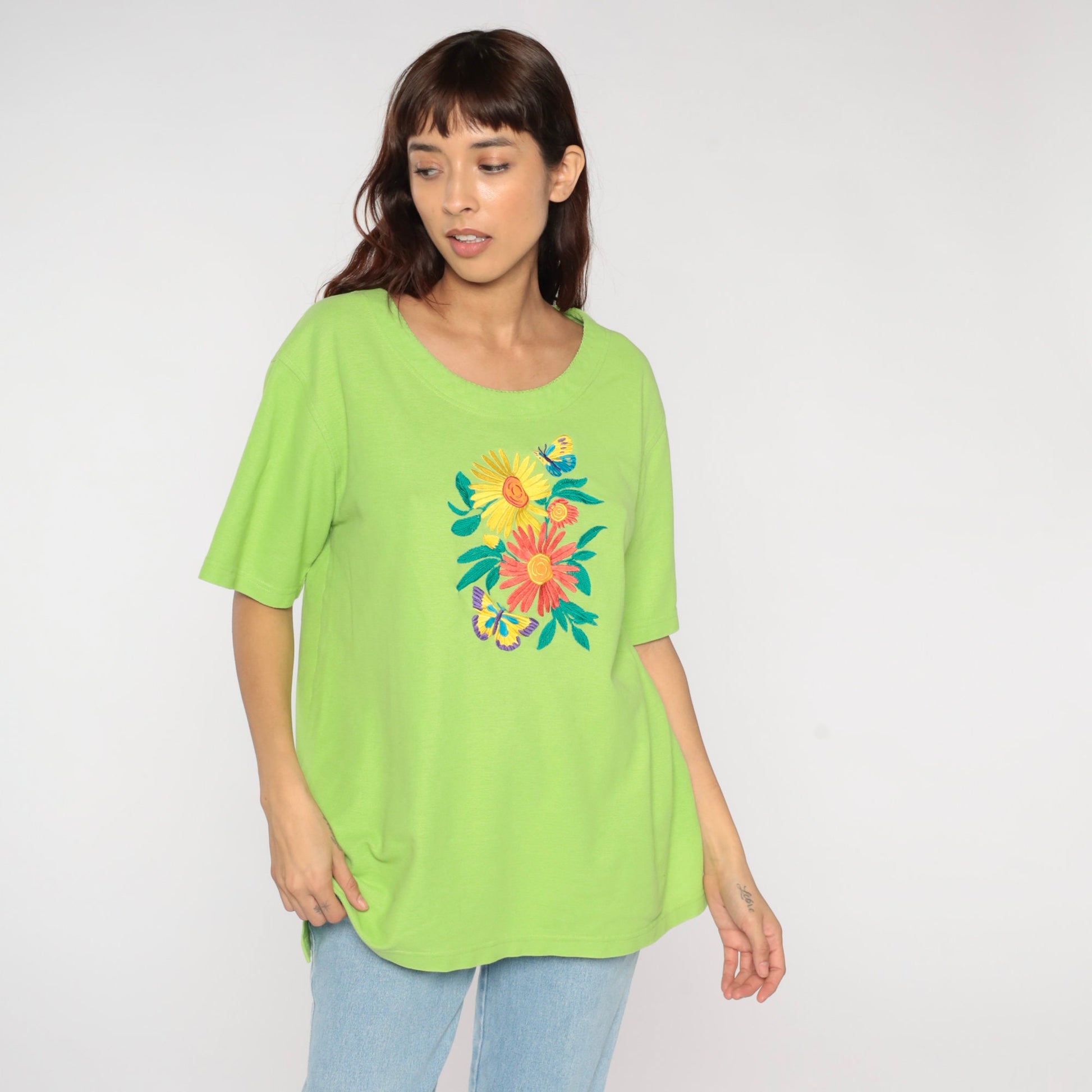 90s Lime Green Embroidered Butterfly Floral Woven Shirt Large