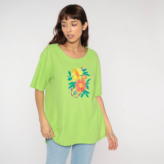 90s Lime Green Embroidered Butterfly Floral Woven Shirt Large