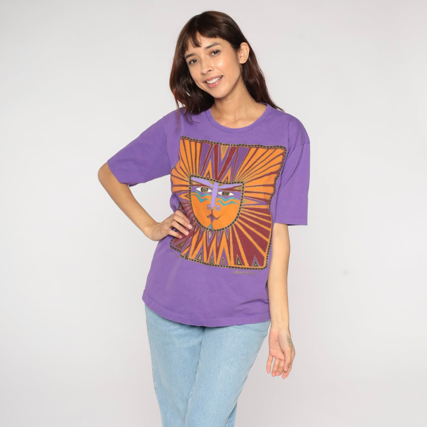90s Laurel Burch Sun God Graphic T-Shirt Purple Cotton Medium