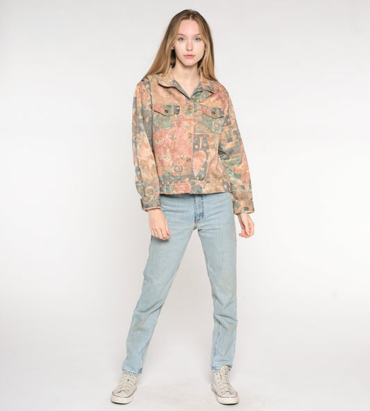90s Abstract Fish & Tree Jacket Cropped Button Up Geometric Print Large L