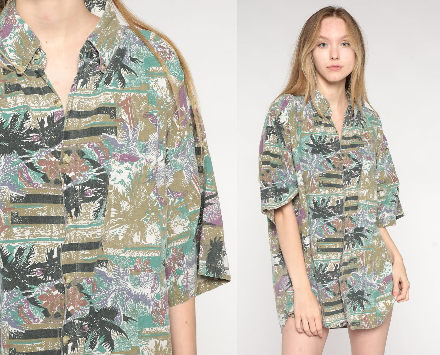90s Tropical Palm Tree Button Up Shirt Olive Short Sleeve Extra Large