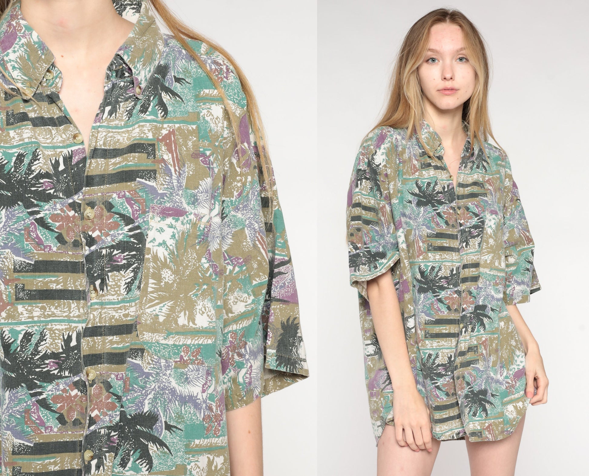 90s Tropical Palm Tree Button Up Shirt Olive Short Sleeve Extra Large