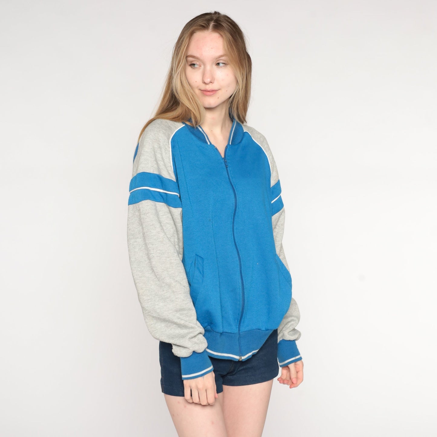 80s Blue Grey Striped Track Jacket Raglan Zip Warmup Medium