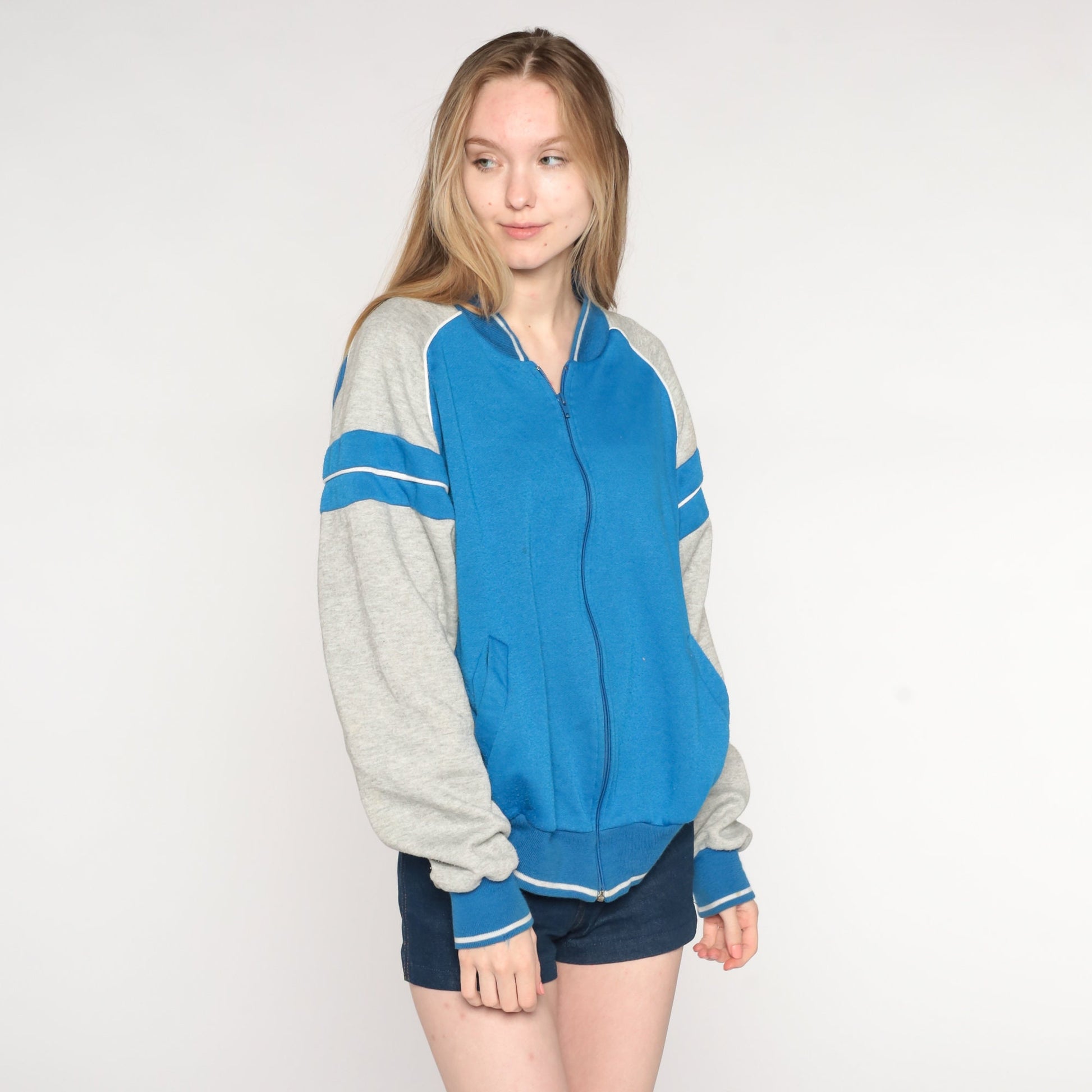 80s Blue Grey Striped Track Jacket Raglan Zip Warmup Medium