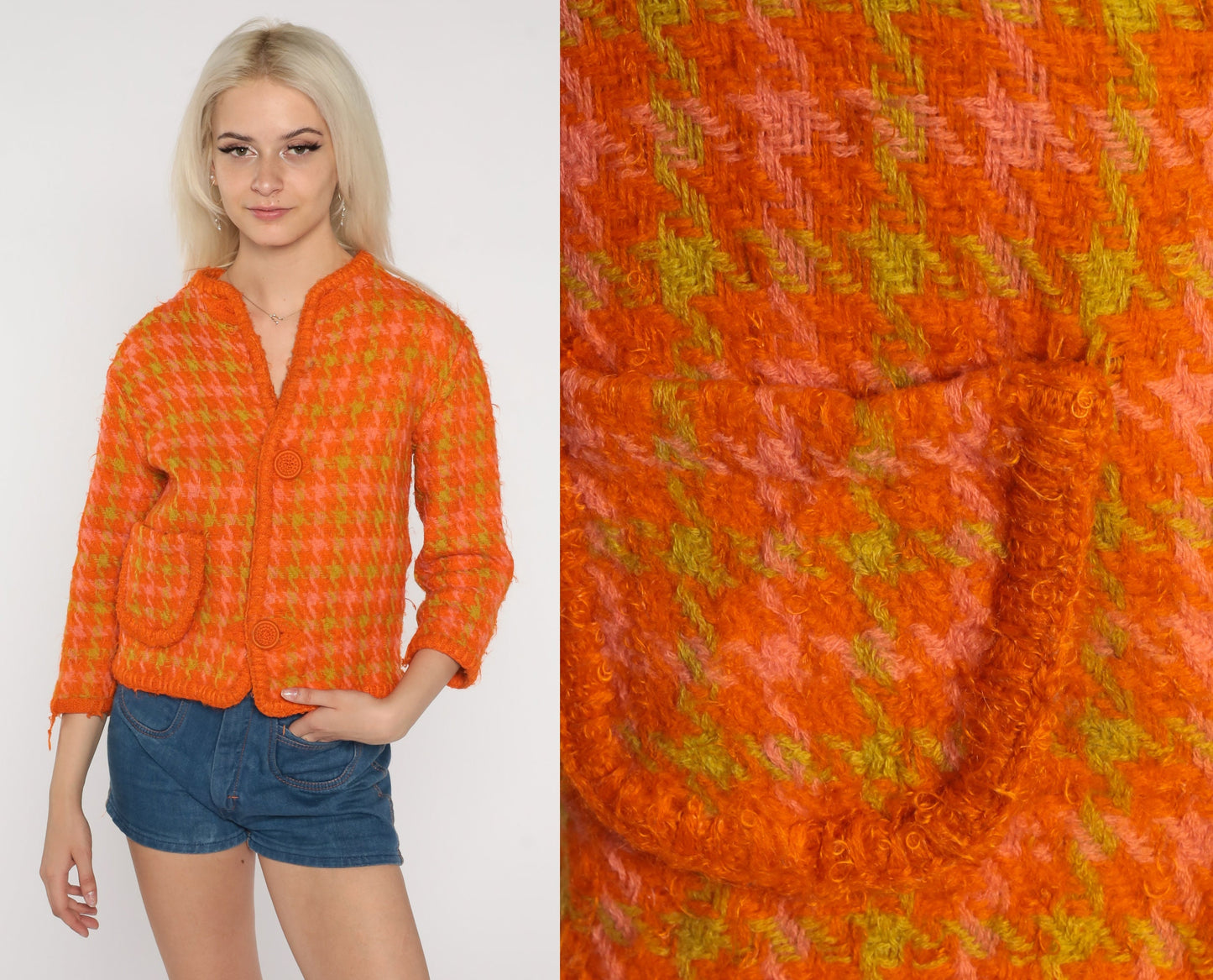 60s Orange Houndstooth Wool Blazer Three-Quarter Sleeve Jacket Extra Small