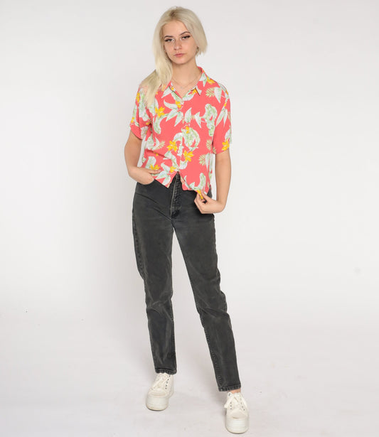 90s Hawaiian Shirt Faded Red Tropical Floral Button Up Small