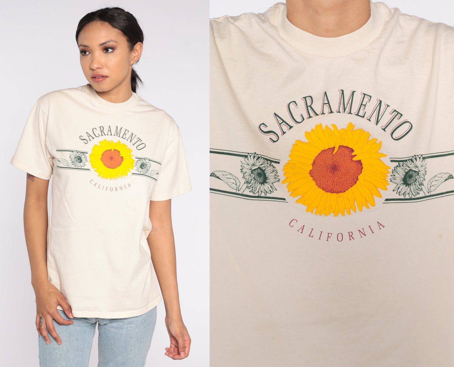 80s Sacramento California Sunflower Graphic T-Shirt Cotton Small