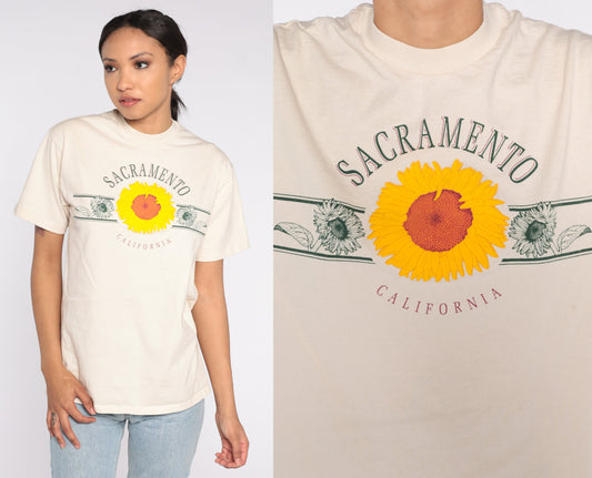 80s Sacramento California Sunflower Graphic T-Shirt Cotton Small