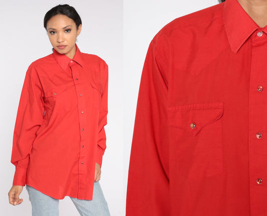 80s Panhandle Slim Western Shirt Red Pearl Snap Long Sleeve Men's Large