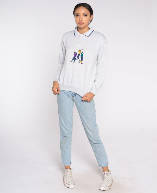 80s Embroidered Golfer Sweatshirt Heather Grey Henley Button Pullover Small