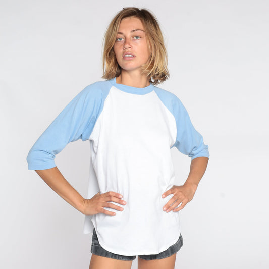 80s USS Independence CV-62 Navy Baseball Tee Baby Blue Graphic Large