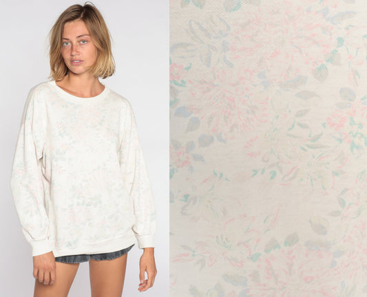90s Floral Sweatshirt Muted Pastel Flower Print Crewneck Pullover Small