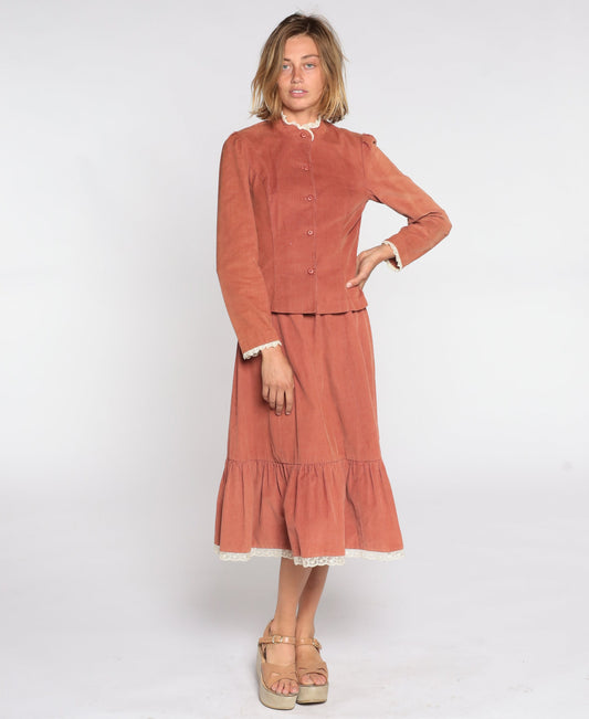80s Corduroy Two Piece Set Brown Midi Skirt Puff Sleeve Blouse Small