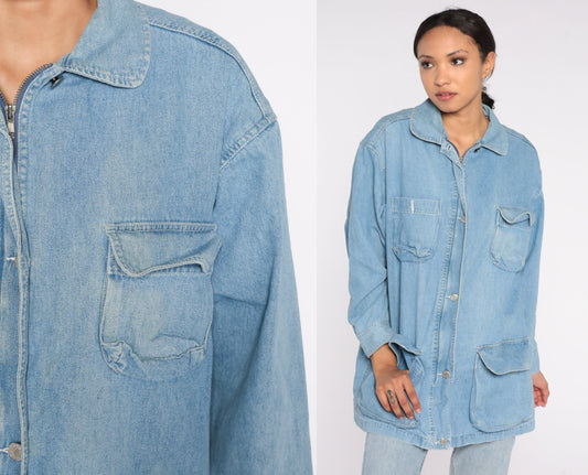 90s Light Wash Denim Cargo Jacket Blue Jean Collared Zip Small