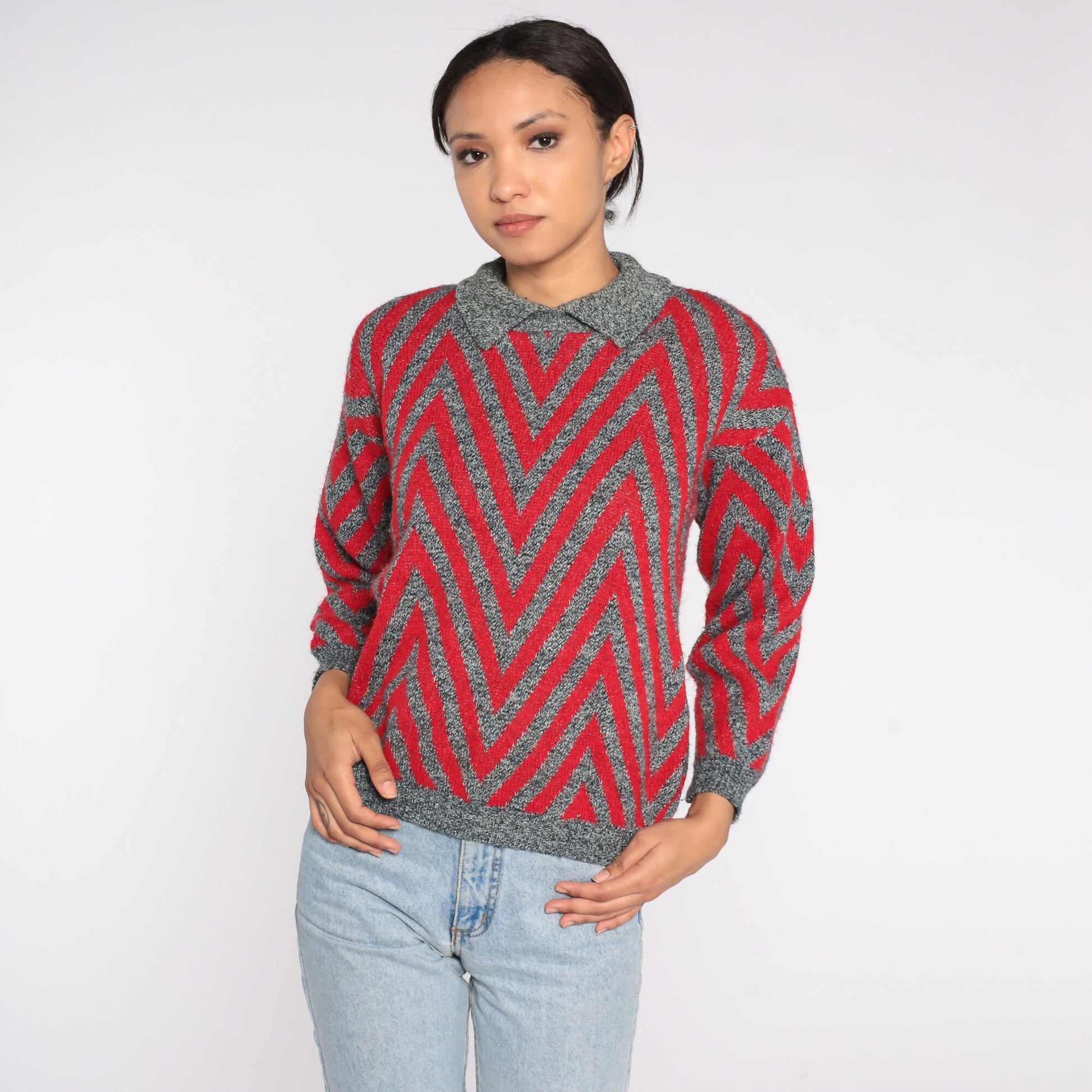80s Chevron Striped Collared Sweater Red Grey Knit Pullover Small