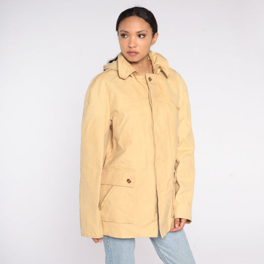 70s Tan Hooded Winter Jacket Removable Corduroy Hood Lined Parka Large