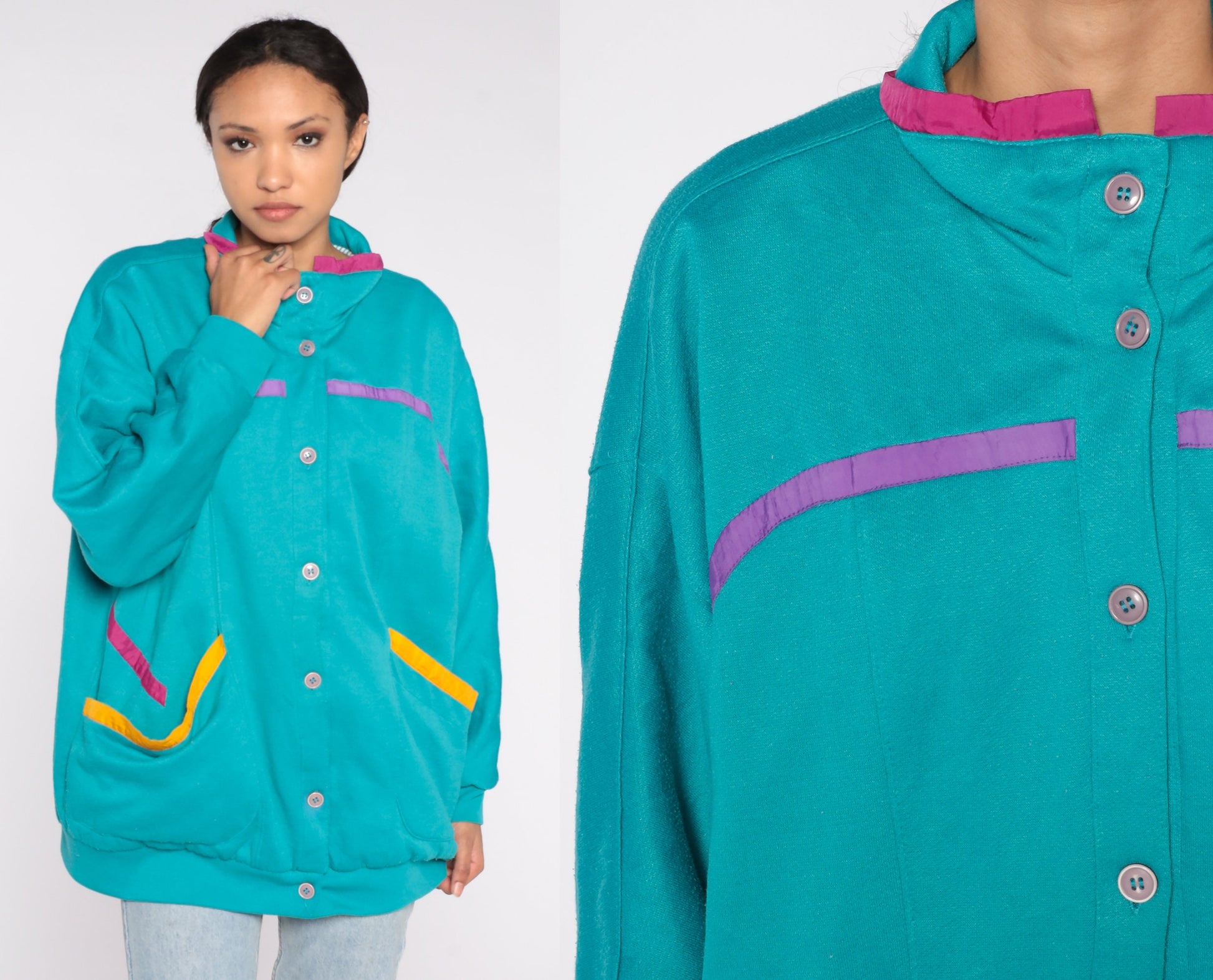 80s Teal Button-Up Sweatshirt Jacket Purple Yellow Pink Trim One Size