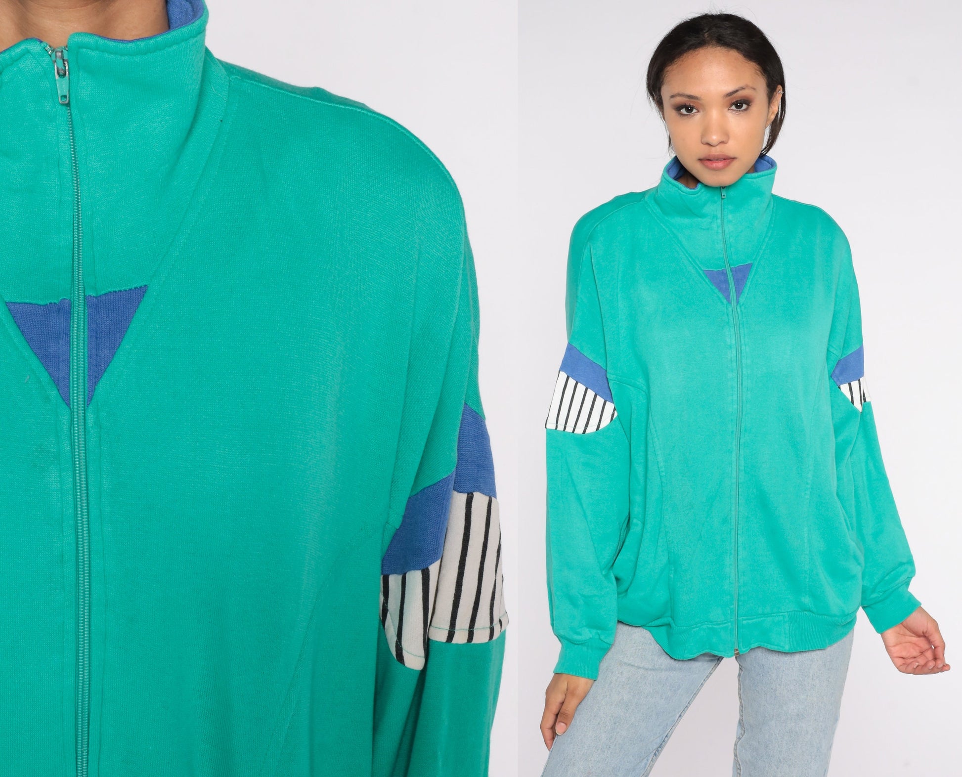 80s Green Striped Track Jacket Zip-Up Sweatshirt Large