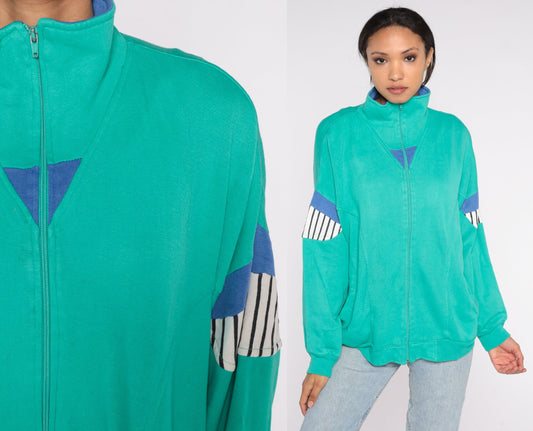 80s Green Striped Track Jacket Zip-Up Sweatshirt Large