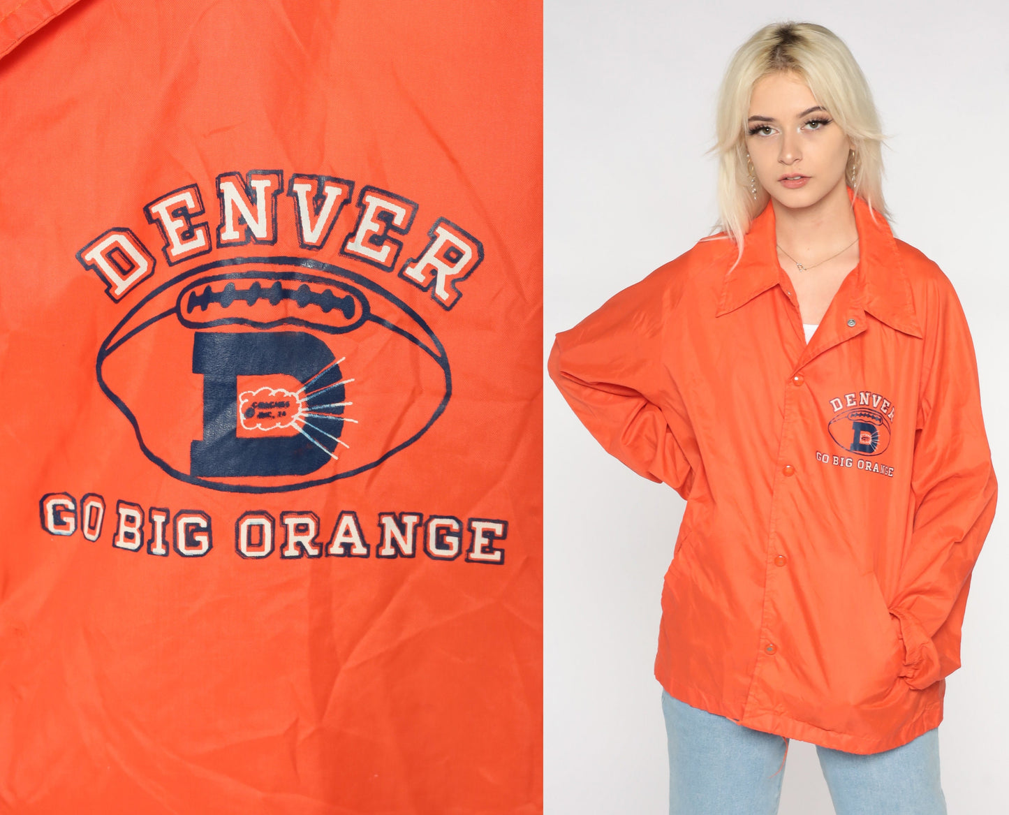 70s Denver Broncos Nylon Windbreaker Snap Jacket Orange Large