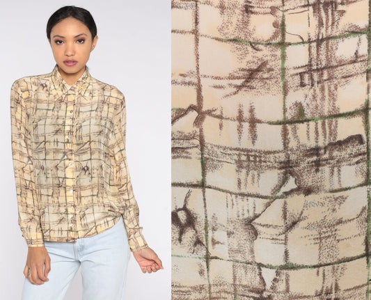 90s Silk Button Up Blouse Abstract Tile Print Cream Yellow Long Sleeve Small S