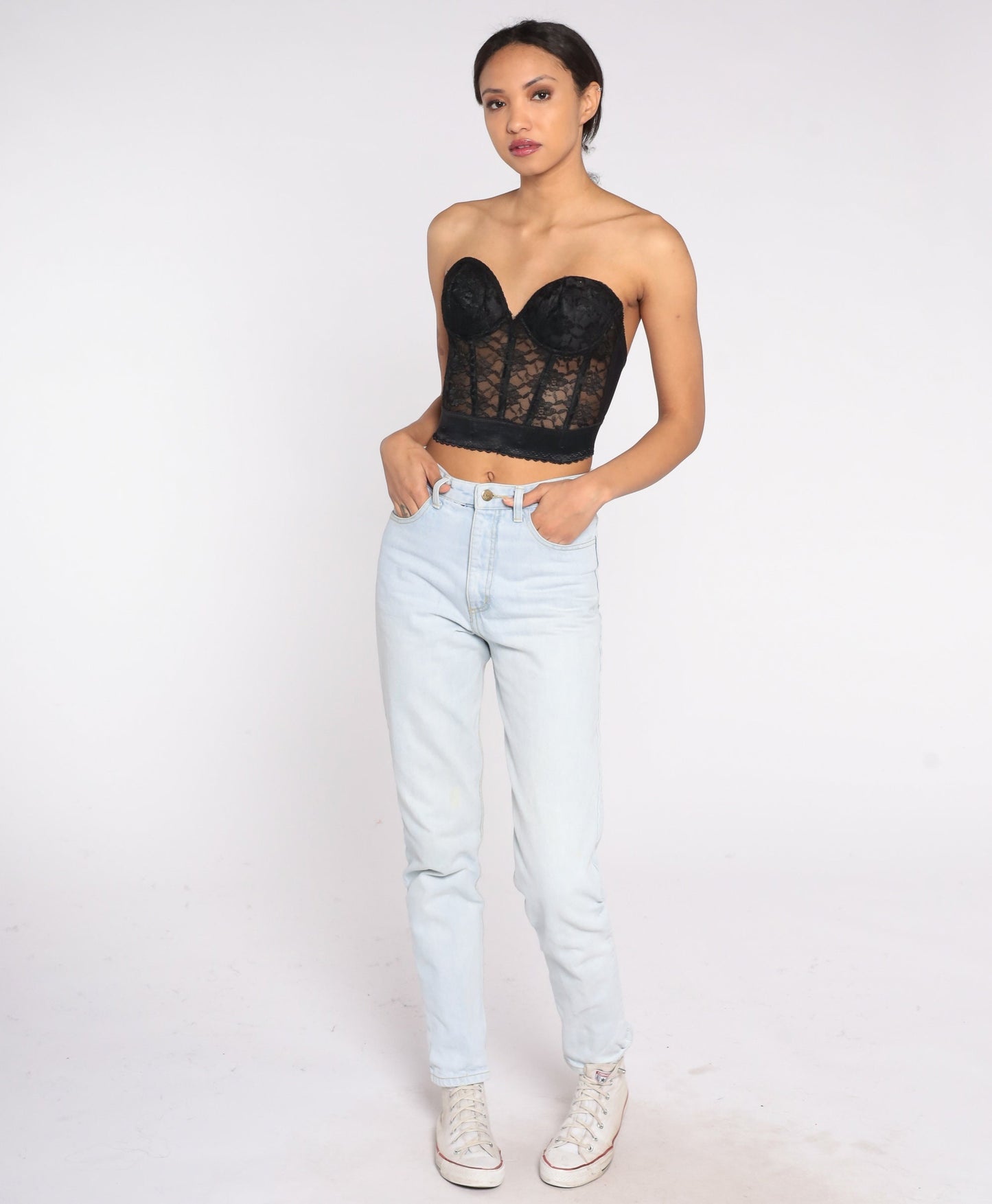 90s Black Lace Bustier Bra Strapless Sweetheart Neckline Underwire 36B