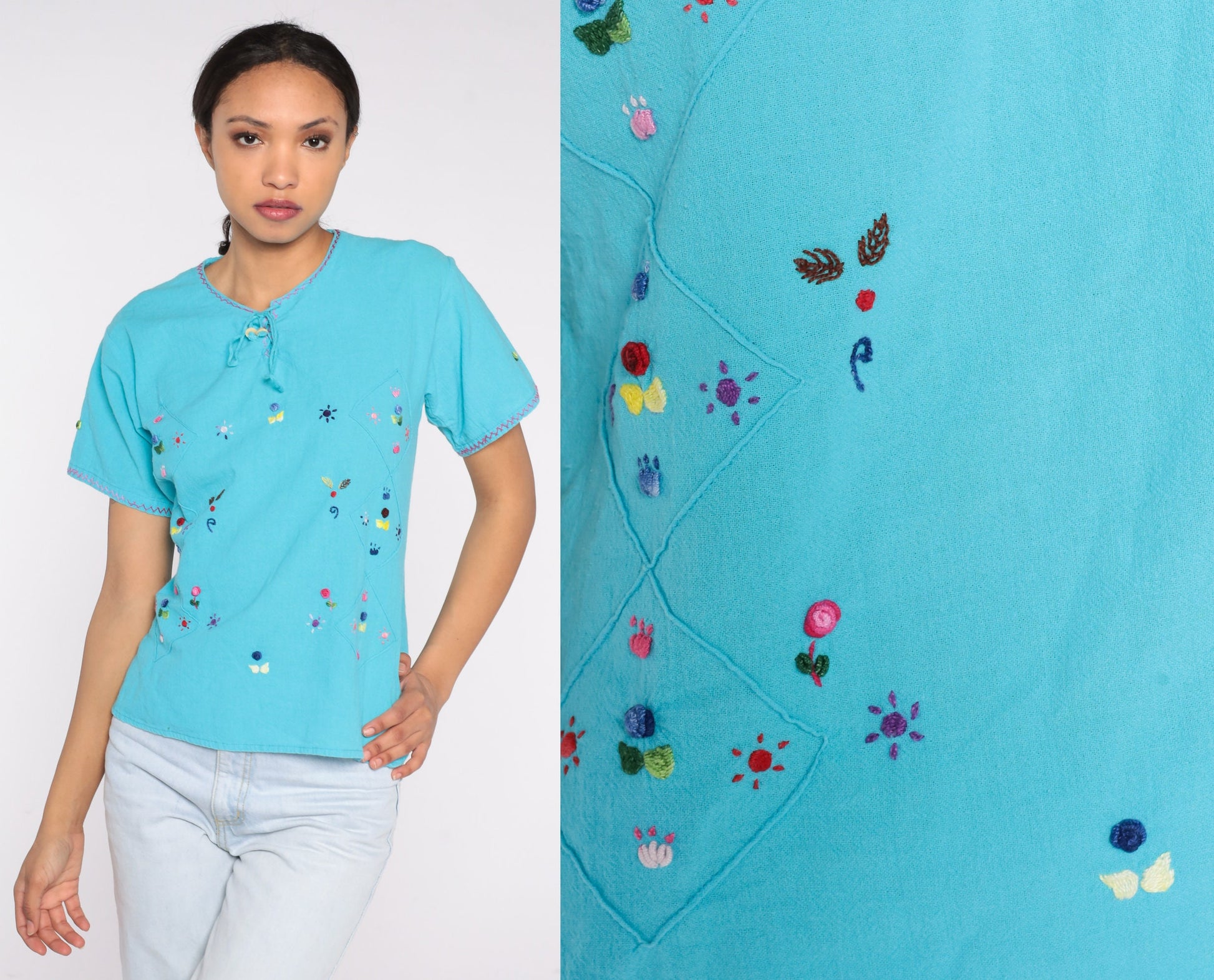 90s Blue Cotton Blouse Embroidered Flowers Butterflies Suns Short Sleeve Medium