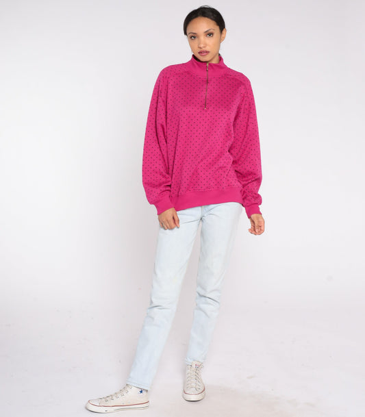 90s Pink Polka Dot Quarter Zip Sweatshirt Funnel Neck Pullover Large L