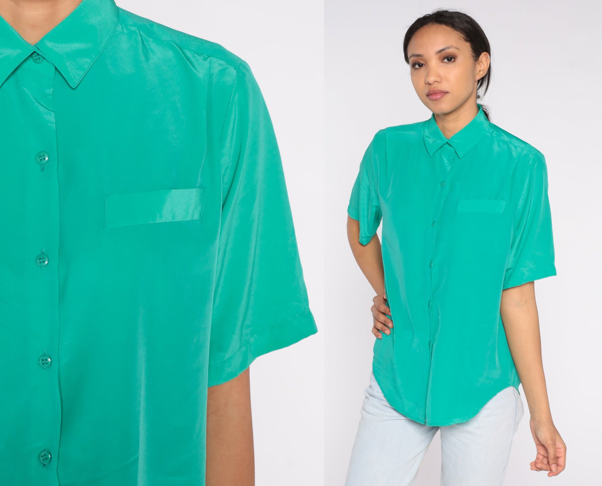 80s Green Polyester Button-Up Blouse Short Sleeve Collared Shirt Medium 8
