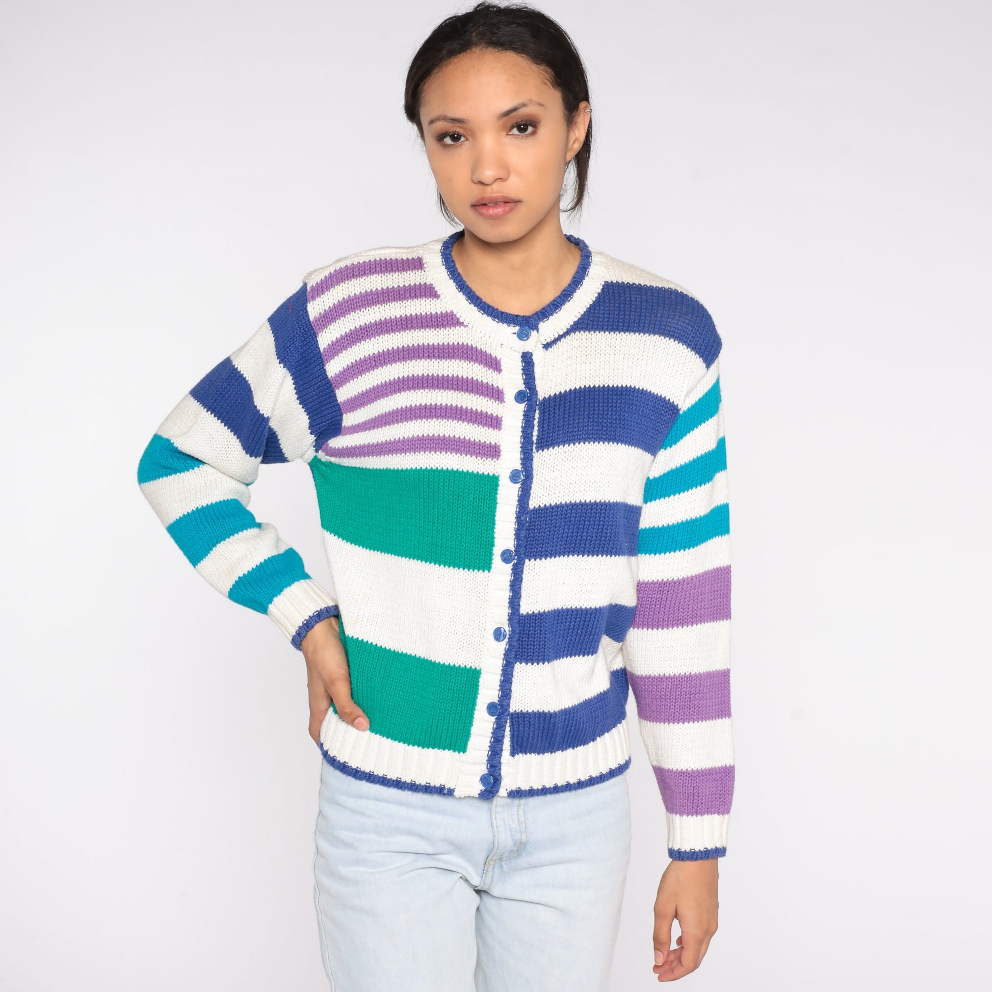 90s Striped Cardigan White Button-Up Sweater Green Blue Purple Petite Small