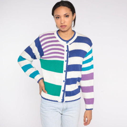 90s Striped Cardigan White Button-Up Sweater Green Blue Purple Petite Small