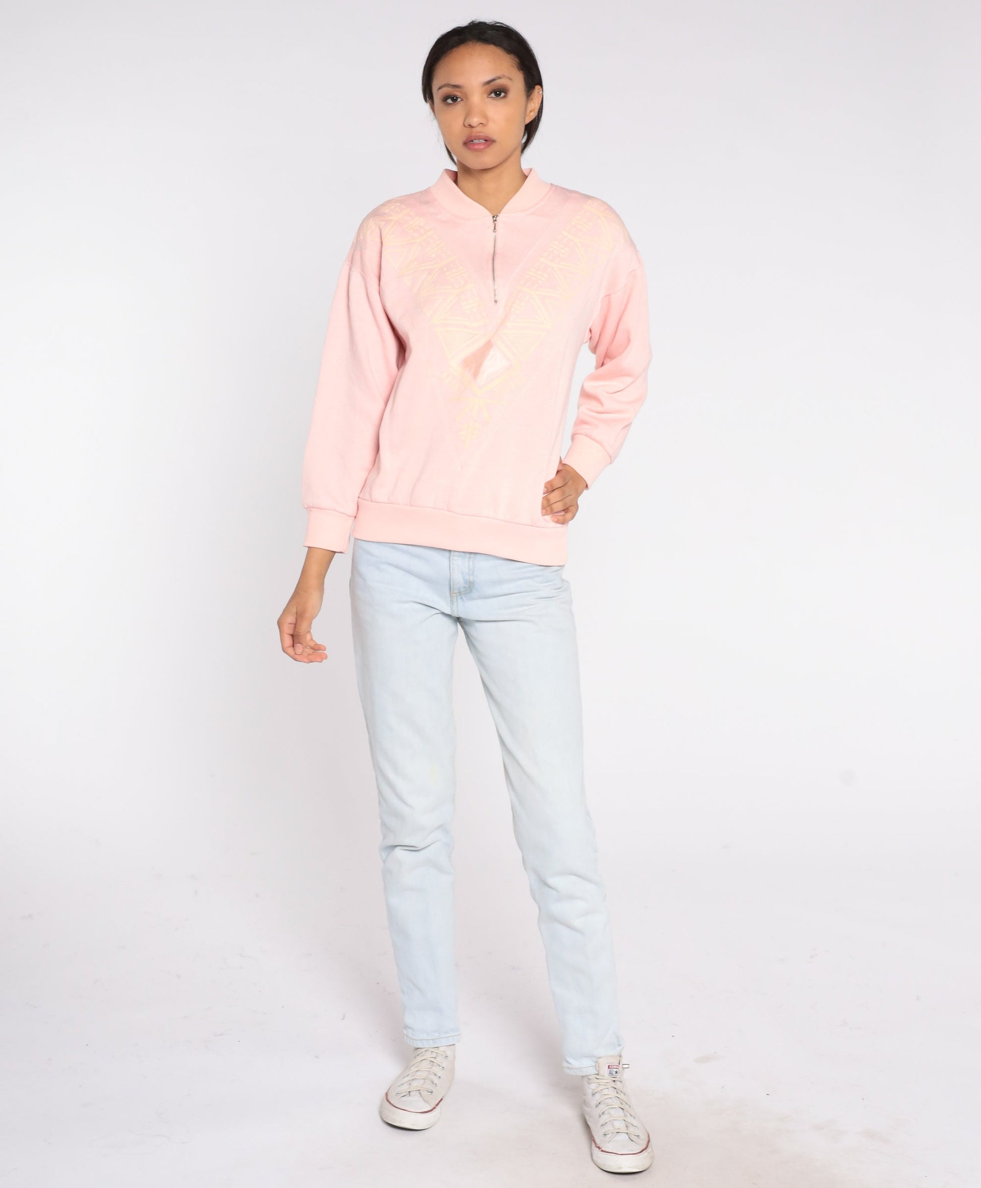 80s Geometric Quarter Zip Sweatshirt Baby Pink Southwestern Small
