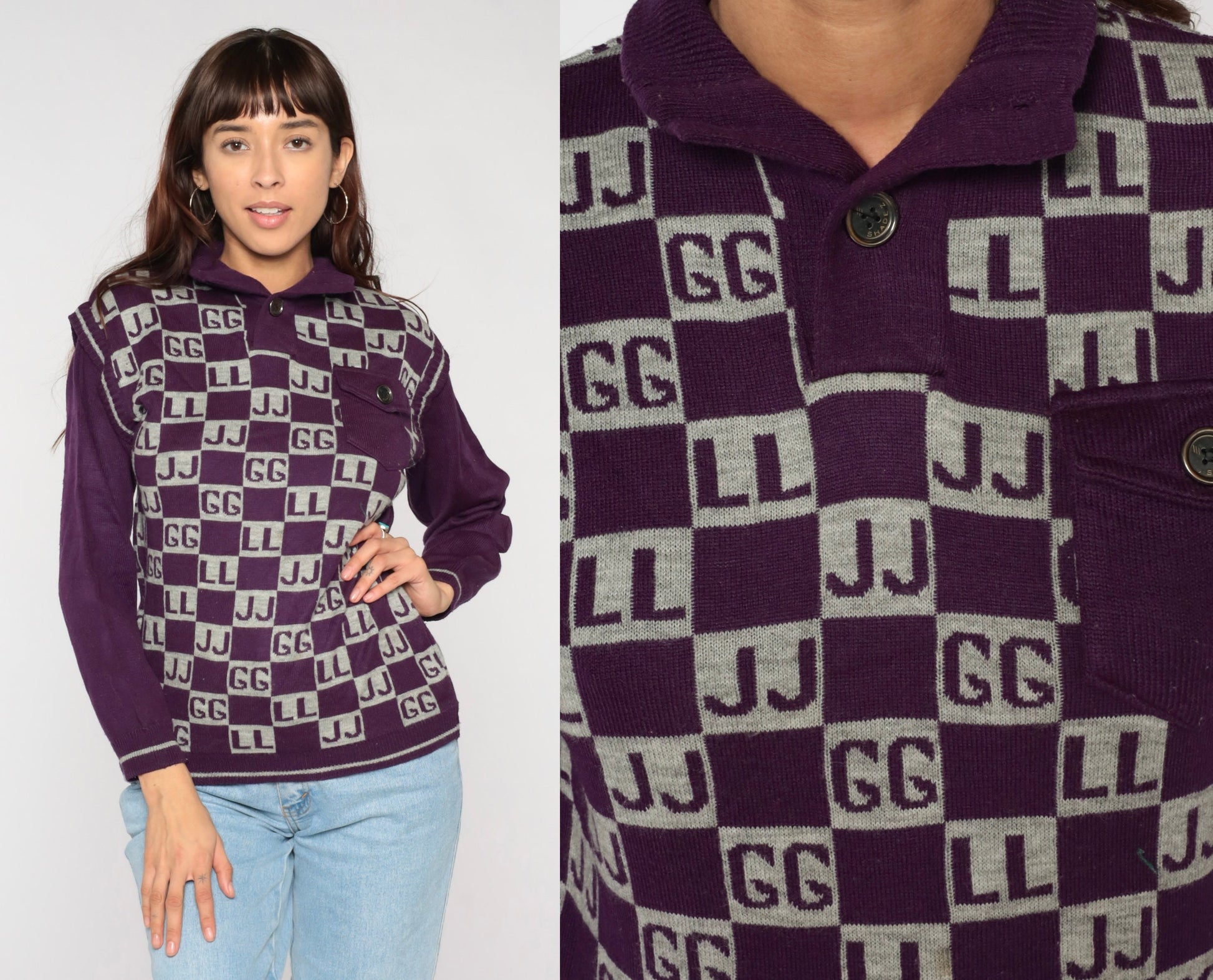 90s Purple Polo Sweater Initials GG JJ LL Novelty Knit Small