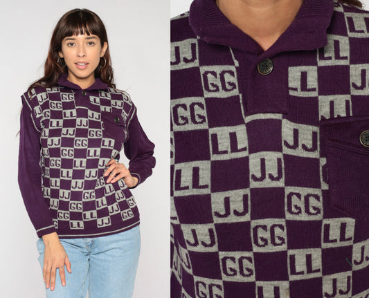 90s Purple Polo Sweater Initials GG JJ LL Novelty Knit Small