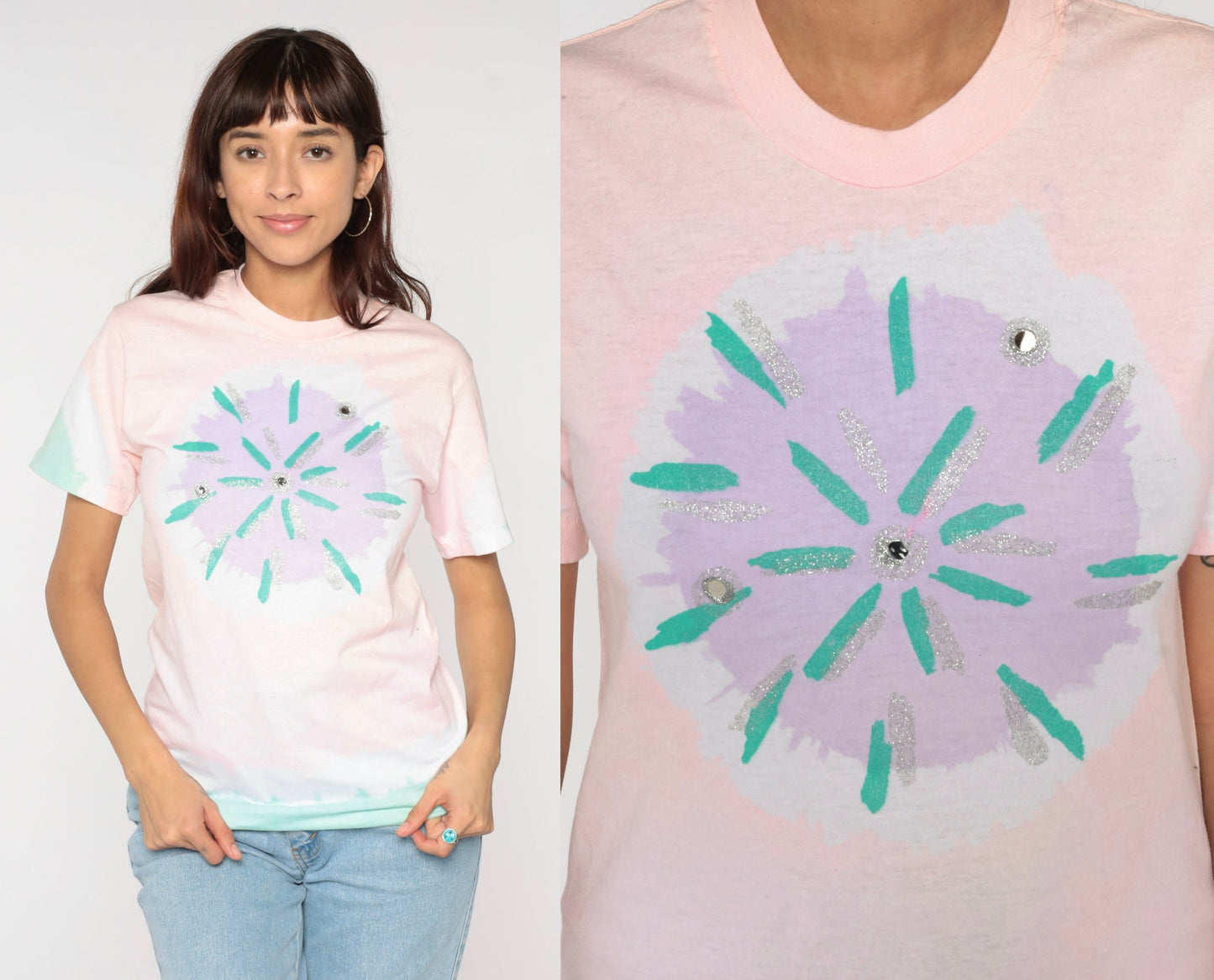 90s Tie Dye T-Shirt Pink Starburst Chest Graphic Cotton Tee Medium