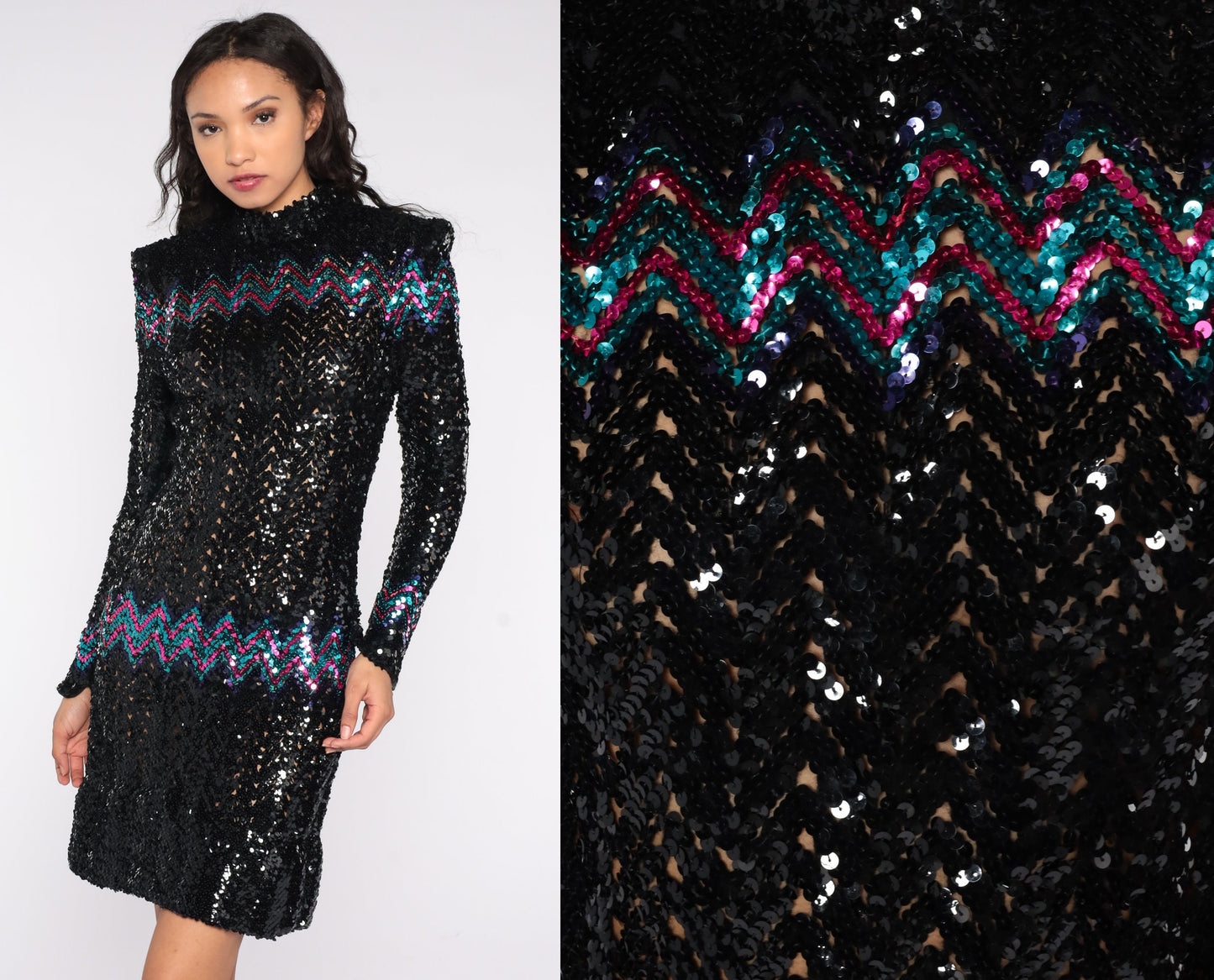 80s Black Sequin Dress Power Shoulders Knee-Length Long Sleeve Small