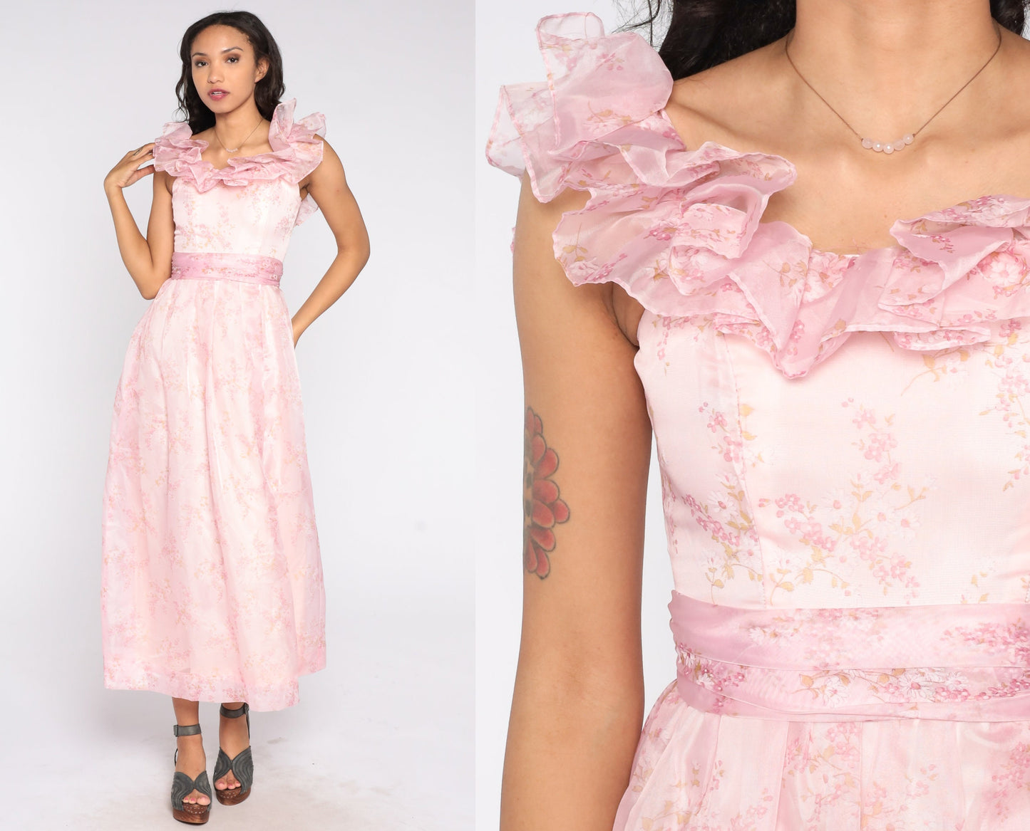 70s Baby Pink Floral Maxi Dress Fitted Bodice High Waist Ruffle Neckline Small