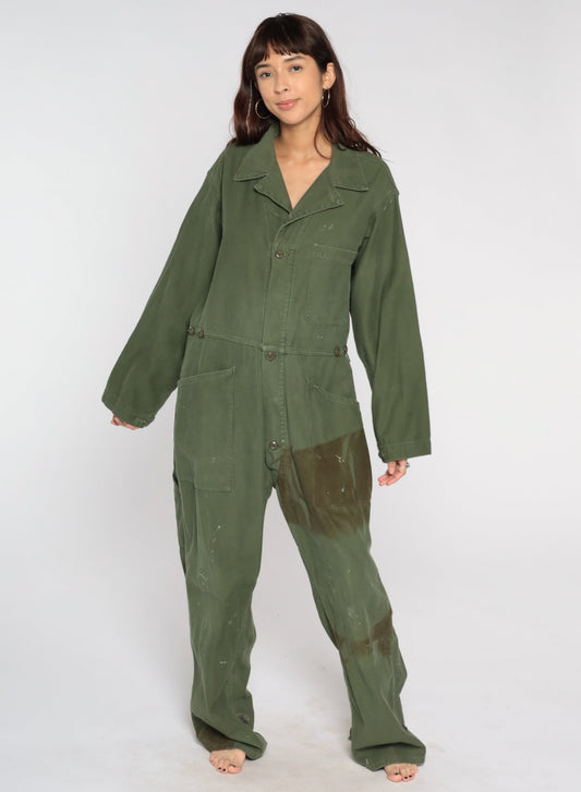 80s Army Coveralls Flight Suit Button Up Jumpsuit Olive Green Mens Large