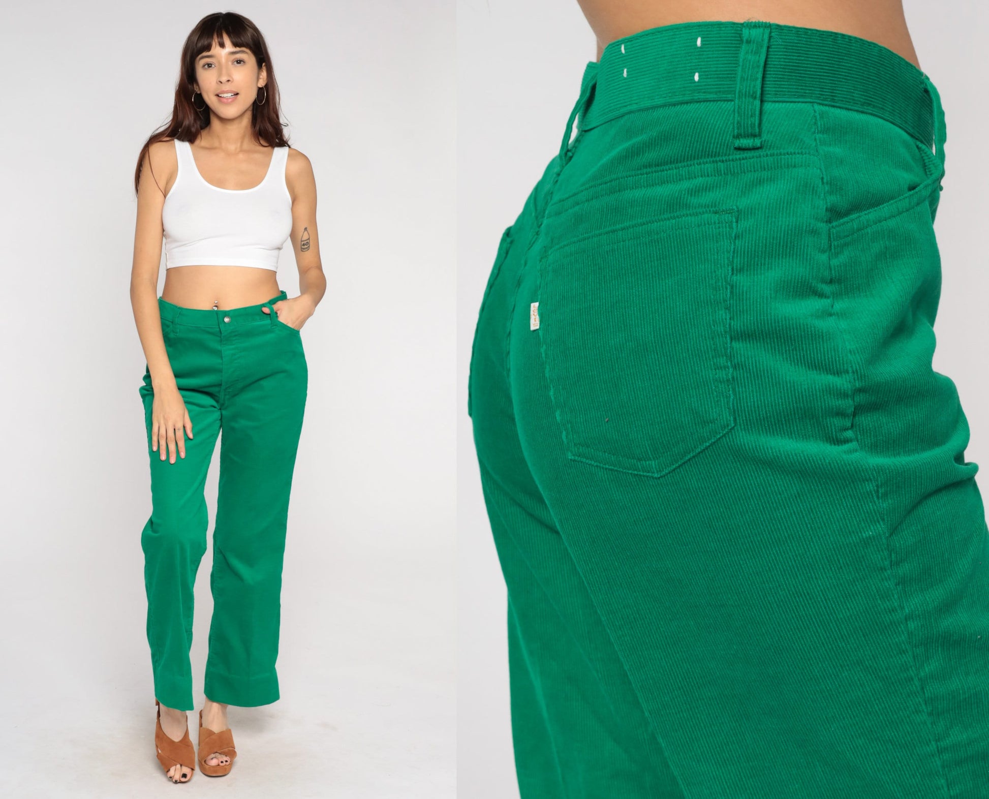 Levi's 80s Green Corduroy Pants High Rise Flared Trousers Men's 31