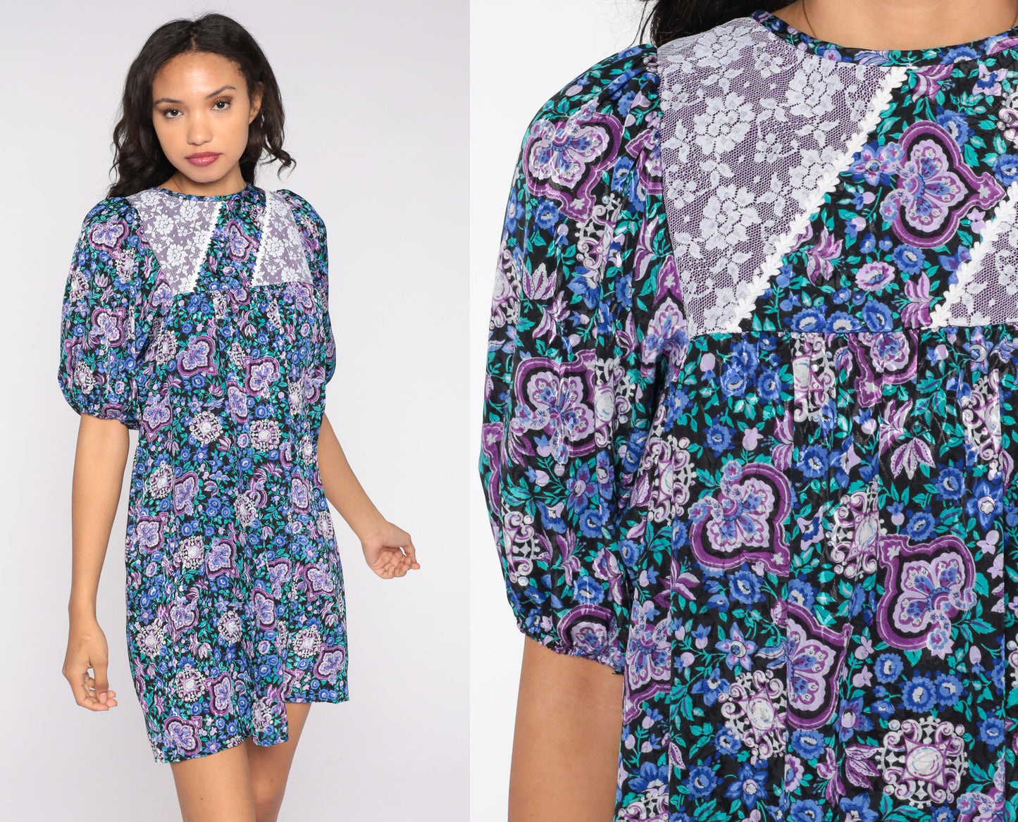80s Blue Floral Babydoll Mini Dress Lace Bib Balloon Sleeve Small