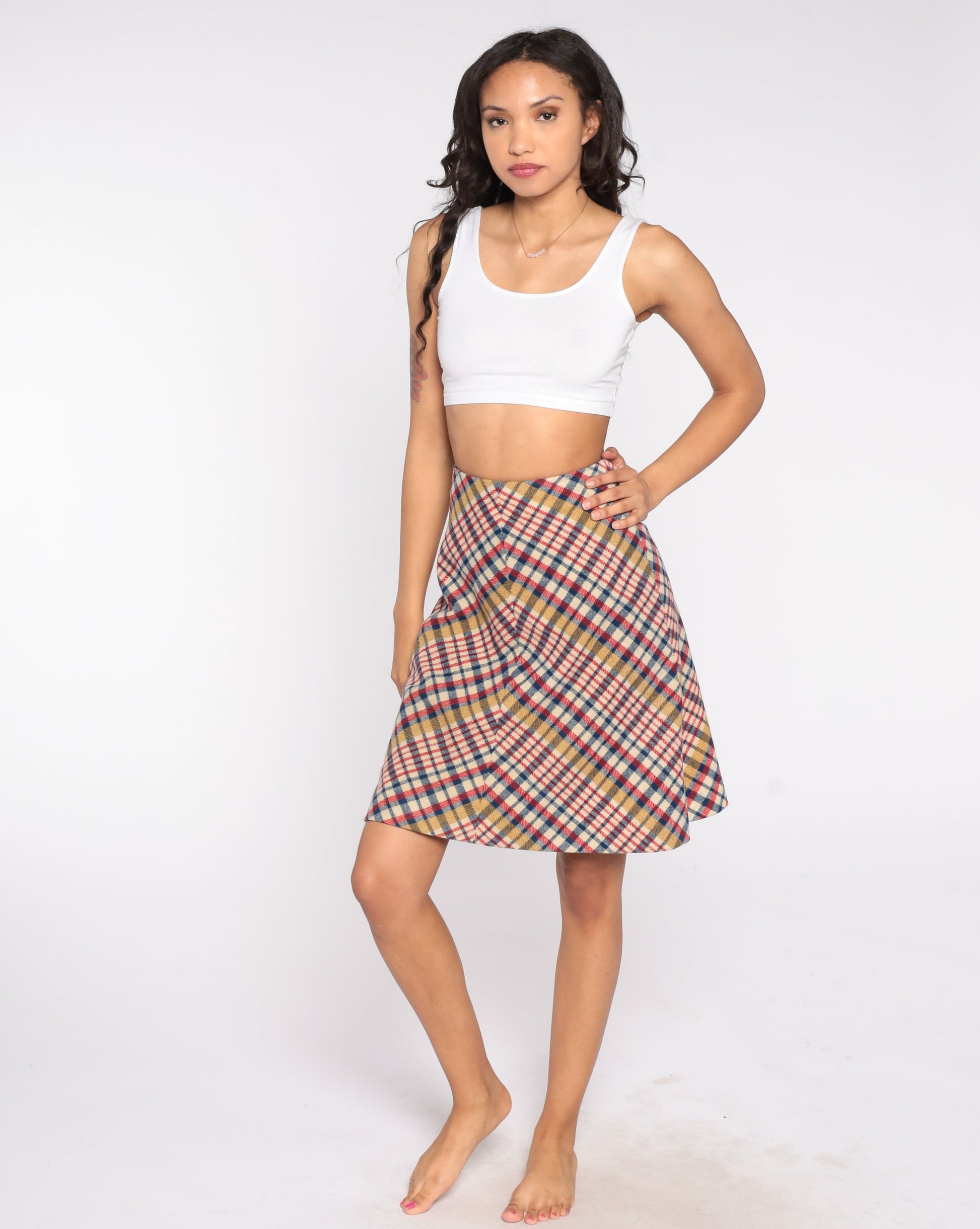 60s Madras Plaid Wool Skirt High Waist Flared Preppy Extra Small XS