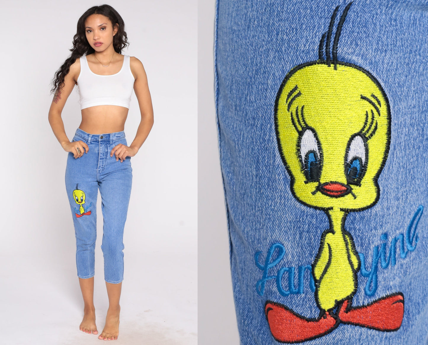 90s Tweety Bird Warner Bros Embroidered High Waisted Tapered Denim Jeans Extra Small XS