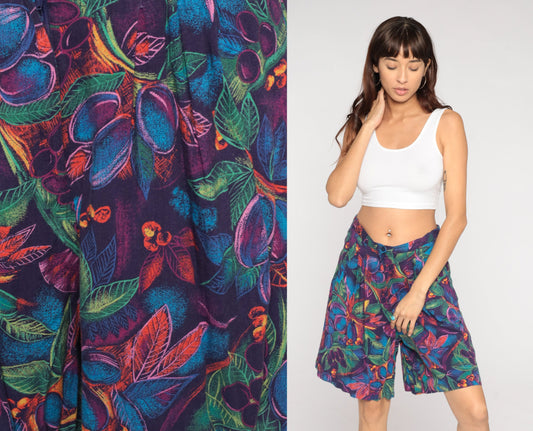 90s Fruit Leaf Print High-Waist Pleated Shorts Rayon Medium M
