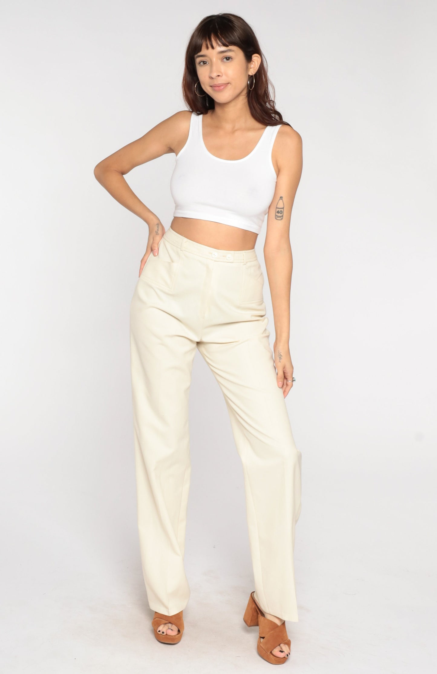 70s Cream High-Waisted Straight Leg Trousers Small S