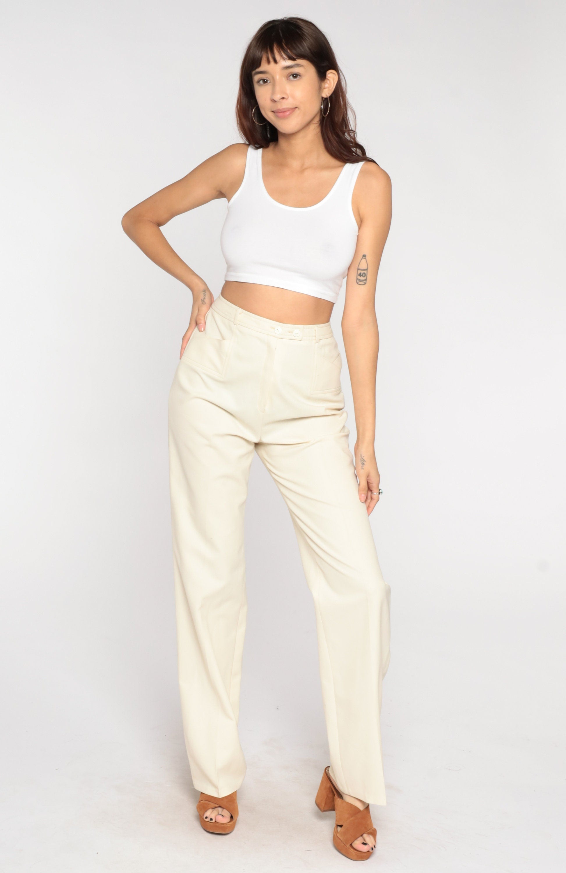 70s Cream High-Waisted Straight Leg Trousers Small S