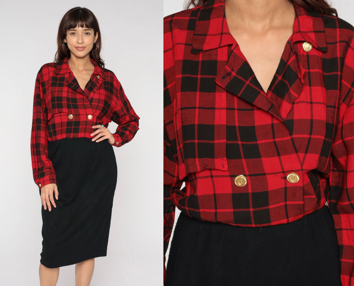 80s Red Plaid Midi Shirt Dress Black Pencil High Waist Button Up Medium