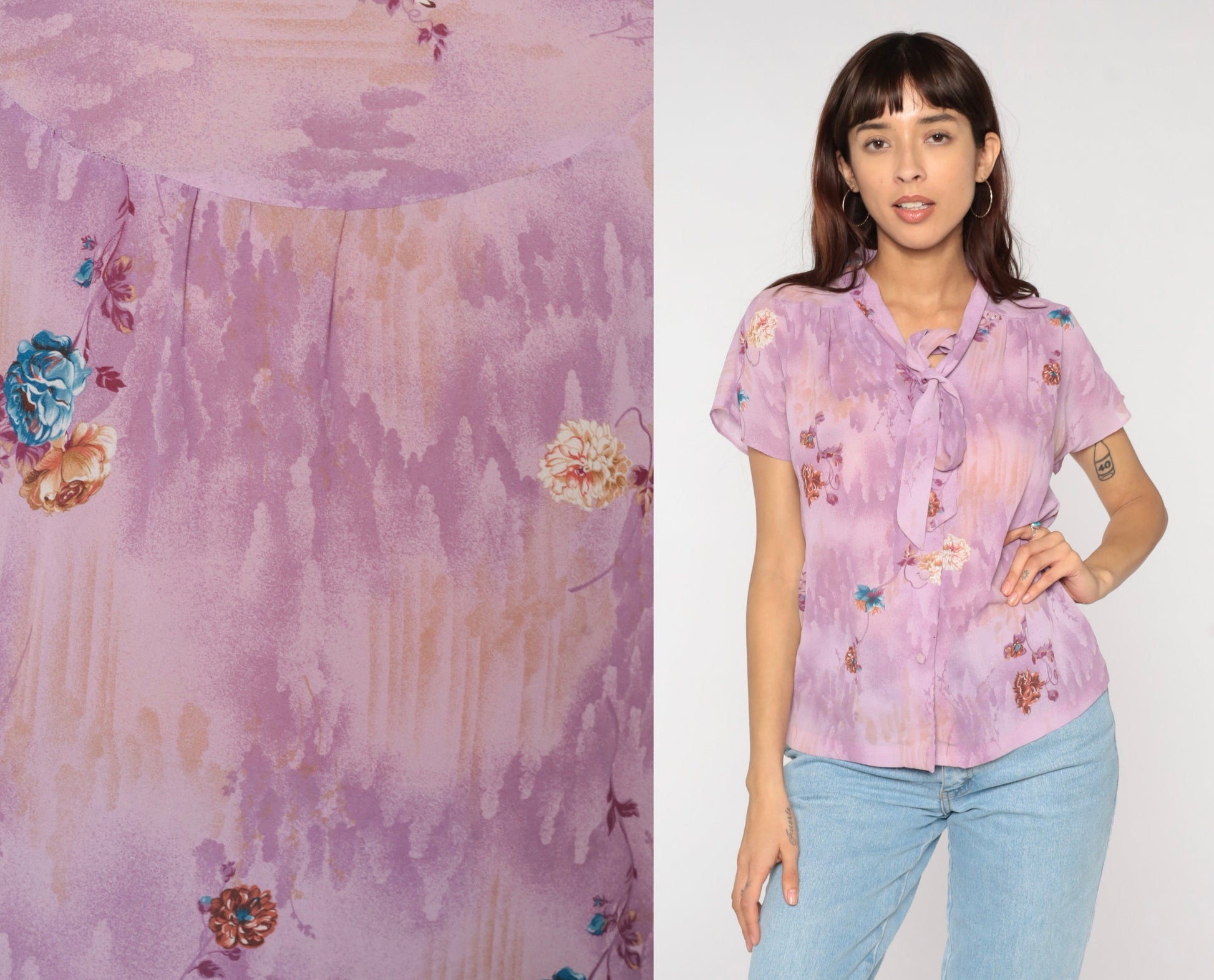 70s Purple Floral Ascot Blouse Button-Up Short Sleeve Small