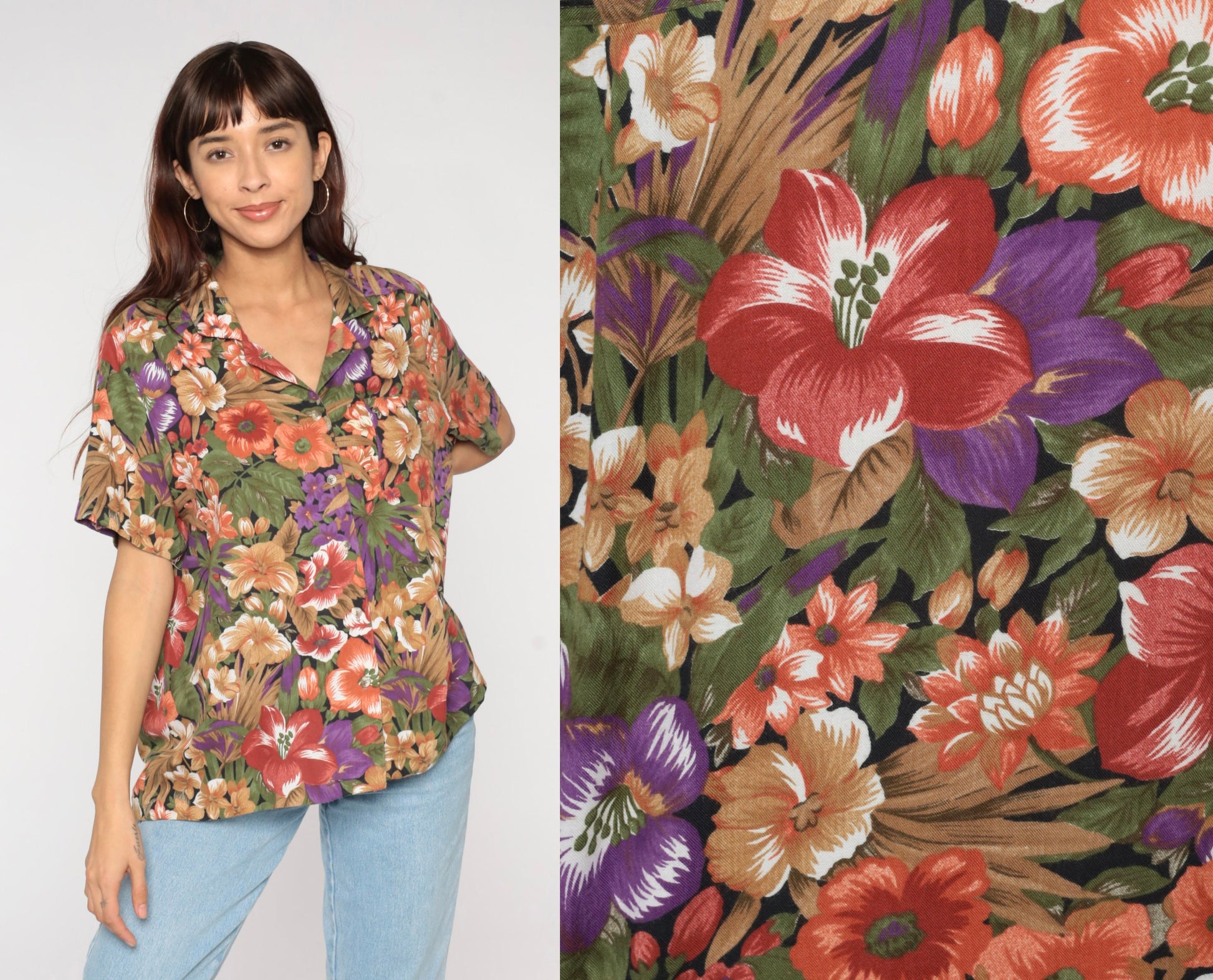 90s Tropical Floral Button-Up Blouse Multicolor Leaf Print Short Sleeve Extra Large
